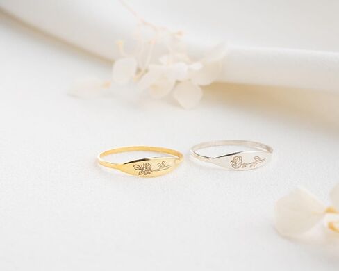 Sterling Silver Personalized Birthflower Ring – Custom Engraved Floral Design Thin Slim Band Ring for Women, Minimalist Everyday Jewelry in Saudi Arabia