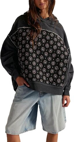 Zontroldy Women's Oversized Hoodies Patchwork Embroidered Long Sleeve Hooded Sweatshirts Pullover Tops with Pockets in Saudi Arabia