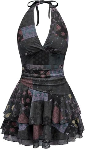 فستان SOLY HUX النسائي الكلاسيكي ذو الرقبة العميقة على شكل حرف V مكشكش قصير ذو طبقات من فساتين الشمس المتموجة ملابس المهرجانات in Kuwait