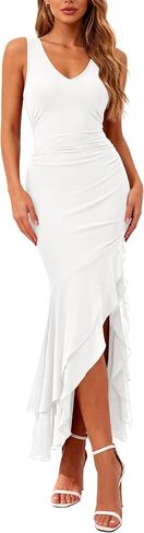 BTFBM Summer Dresses for Women 2026 Bodycon Ruched Sleeveless V Neck Solid Maxi Cocktail Wedding Guest Dress in Saudi Arabia
