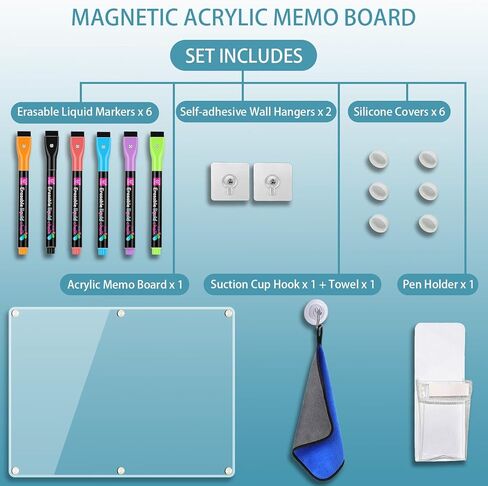 Acrylic Magnetic Memo Board for Fridge, 16" x 12" Clear Dry Erase Planning Board Set, W/ 6 Chalk Markers, Pen Holder, Adhesive Wall Screws and Towel in Kuwait