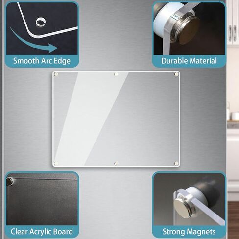 Acrylic Magnetic Memo Board for Fridge, 16" x 12" Clear Dry Erase Planning Board Set, W/ 6 Chalk Markers, Pen Holder, Adhesive Wall Screws and Towel in Kuwait