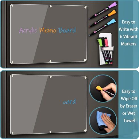 Acrylic Magnetic Memo Board for Fridge, 16" x 12" Clear Dry Erase Planning Board Set, W/ 6 Chalk Markers, Pen Holder, Adhesive Wall Screws and Towel in Kuwait
