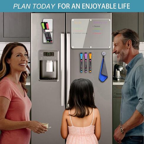 Acrylic Magnetic Memo Board for Fridge, 16" x 12" Clear Dry Erase Planning Board Set, W/ 6 Chalk Markers, Pen Holder, Adhesive Wall Screws and Towel in Kuwait