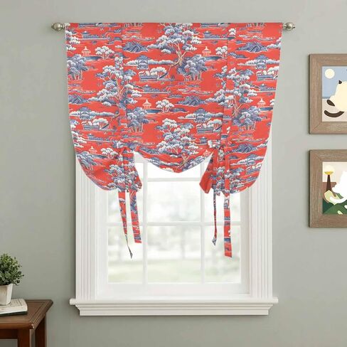 Red Garden Tie Up Curtains for Window, Modern Art Retro Building Trees Landscape Thermal Insulated Balloon Shade Adjustable Rod Pocket Curtains Valance Panels for Kitchen Bathroom Café 52'' x 63'' in Saudi Arabia