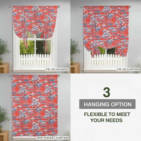 Red Garden Tie Up Curtains for Window, Modern Art Retro Building Trees Landscape Thermal Insulated Balloon Shade Adjustable Rod Pocket Curtains Valance Panels for Kitchen Bathroom Café 52'' x 63'' in Saudi Arabia