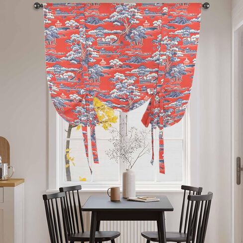 Red Garden Tie Up Curtains for Window, Modern Art Retro Building Trees Landscape Thermal Insulated Balloon Shade Adjustable Rod Pocket Curtains Valance Panels for Kitchen Bathroom Café 52'' x 63'' in Saudi Arabia