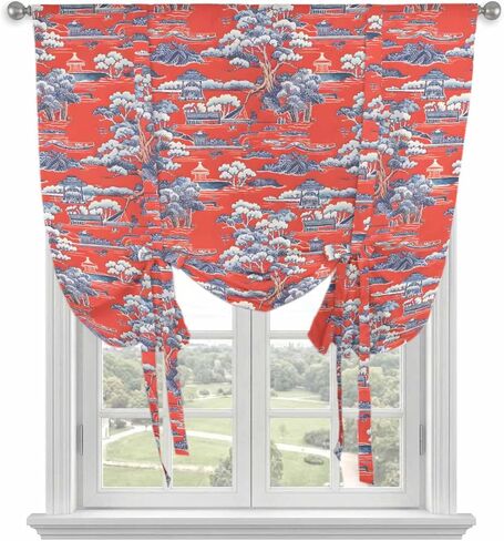 Red Garden Tie Up Curtains for Window, Modern Art Retro Building Trees Landscape Thermal Insulated Balloon Shade Adjustable Rod Pocket Curtains Valance Panels for Kitchen Bathroom Café 52'' x 63'' in Saudi Arabia