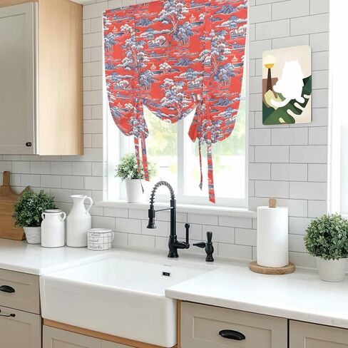 Red Garden Tie Up Curtains for Window, Modern Art Retro Building Trees Landscape Thermal Insulated Balloon Shade Adjustable Rod Pocket Curtains Valance Panels for Kitchen Bathroom Café 52'' x 63'' in Saudi Arabia