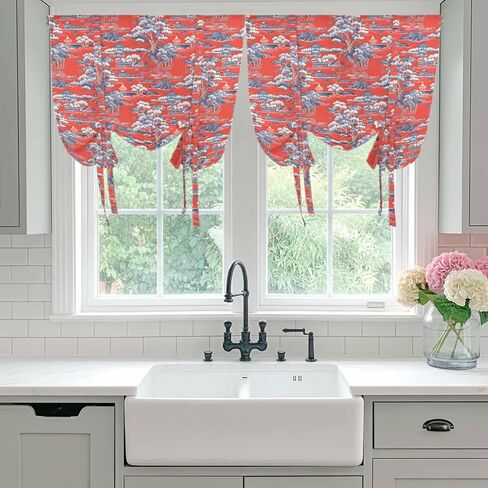 Red Garden Tie Up Curtains for Window, Modern Art Retro Building Trees Landscape Thermal Insulated Balloon Shade Adjustable Rod Pocket Curtains Valance Panels for Kitchen Bathroom Café 52'' x 63'' in Saudi Arabia