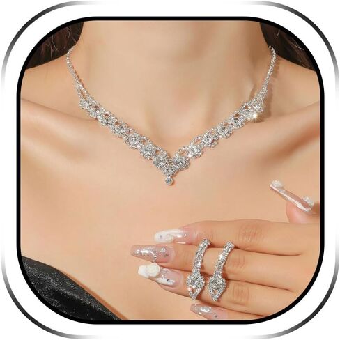 YANCHUN Silver Wedding Jewelry Sets for Brides Bridesmaid Formal Rhinestone Necklace Bracelet Earrings Prom Costume Jewelry for Women Wedding Day Party Accessories in Saudi Arabia