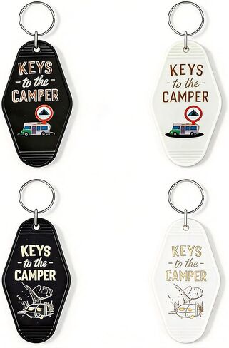 4 قطع من سلسلة المفاتيح الرجعية للتخييم RV، مجموعة مفاتيح لمفتاح التخييم (أسود وأبيض)، حلقة مفاتيح على الطراز العتيق، ملحقات التخييم هدايا لمنزل مقطورة السفر in Kuwait