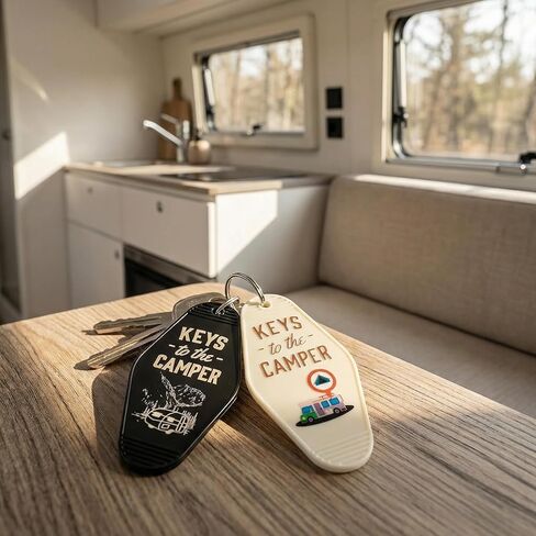 4 قطع من سلسلة المفاتيح الرجعية للتخييم RV، مجموعة مفاتيح لمفتاح التخييم (أسود وأبيض)، حلقة مفاتيح على الطراز العتيق، ملحقات التخييم هدايا لمنزل مقطورة السفر in Kuwait