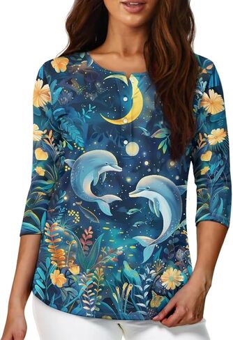 TOADDITDO المرأة بلايز 3/4 كم تي شيرت البلوزات زر البلوز البلوز هينلي قميص حجم S-2XL in Kuwait