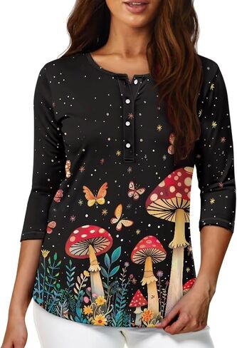 TOADDITDO Womens Tops 3/4 Sleeve T-Shirt Blouses Button Pullover Sweatshirt Henley Shirt Size S-2XL in Saudi Arabia