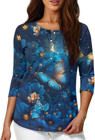TOADDITDO Womens Tops 3/4 Sleeve T-Shirt Blouses Button Pullover Sweatshirt Henley Shirt Size S-2XL in Saudi Arabia