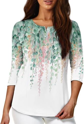 TOADDITDO Womens Tops 3/4 Sleeve T-Shirt Blouses Button Pullover Sweatshirt Henley Shirt Size S-2XL in Saudi Arabia