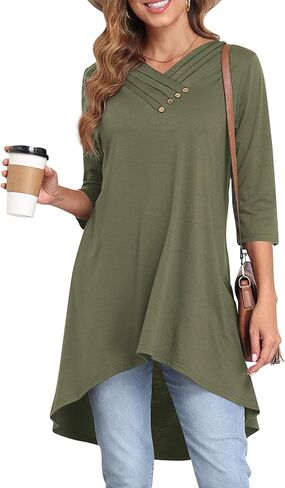 قمصان نسائية طويلة من Naggoo للسراويل الضيقة 3/4 كم سترة علوية فضفاضة تناسب الملابس الكاجوال ورقبة على شكل V عالية ومنخفضة وزر ديكور in Kuwait