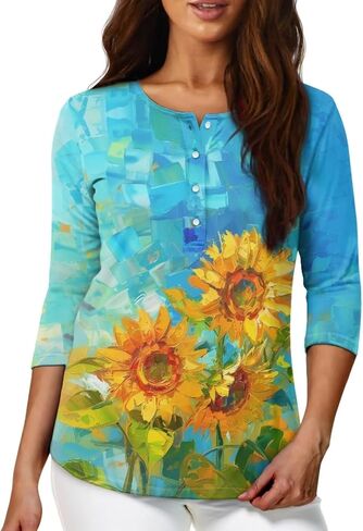 TOADDITDO Womens Tops 3/4 Sleeve T-Shirt Blouses Button Pullover Sweatshirt Henley Shirt Size S-2XL in Saudi Arabia