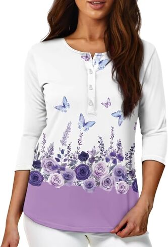 TOADDITDO Womens Tops 3/4 Sleeve T-Shirt Blouses Button Pullover Sweatshirt Henley Shirt Size S-2XL in Saudi Arabia