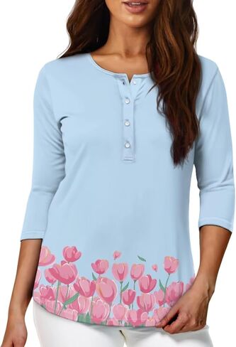 TOADDITDO Womens Tops 3/4 Sleeve T-Shirt Blouses Button Pullover Sweatshirt Henley Shirt Size S-2XL in Saudi Arabia
