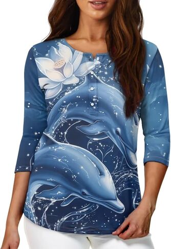 TOADDITDO Womens Tops 3/4 Sleeve T-Shirt Blouses Button Pullover Sweatshirt Henley Shirt Size S-2XL in Saudi Arabia