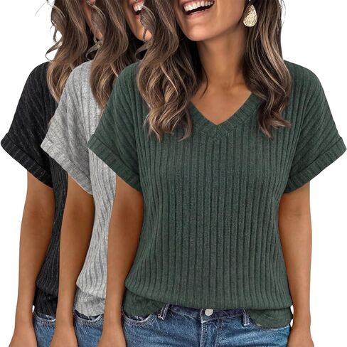 3 Pack Women Short Sleeve Sweaters V Neck Summer Shirts Loose Fit Lightweight Tops Casual Business Fashion Trendy in Saudi Arabia