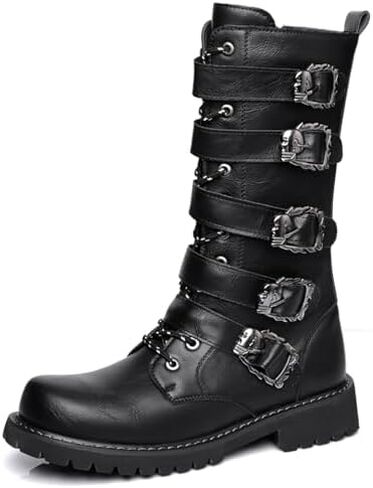 Men's Black Leather Lace Up Multiple Fasciculi Knee High Motorcycle Boots with Side Zipper Round Toe Bike Riding Punk Rock Y2K Cowboy Western Tactical Army Boot in Saudi Arabia