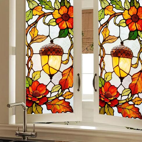 Stained Glass Window Film Decorative 18x39 Inch Acorn Lamp Fall Leaves Cling PVC Window Privacy Film Autumn Thanksgiving Panel for Home Glass Decor Indoor Seasonal Display in Saudi Arabia