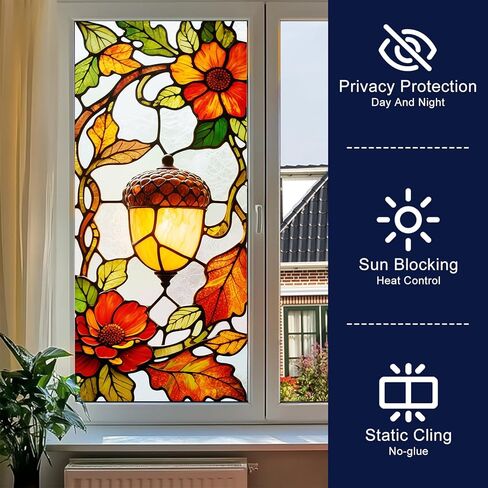 Stained Glass Window Film Decorative 18x39 Inch Acorn Lamp Fall Leaves Cling PVC Window Privacy Film Autumn Thanksgiving Panel for Home Glass Decor Indoor Seasonal Display in Saudi Arabia