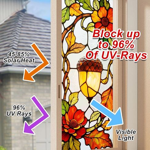 Stained Glass Window Film Decorative 18x39 Inch Acorn Lamp Fall Leaves Cling PVC Window Privacy Film Autumn Thanksgiving Panel for Home Glass Decor Indoor Seasonal Display in Saudi Arabia