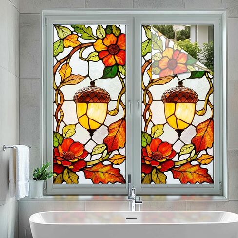 Stained Glass Window Film Decorative 18x39 Inch Acorn Lamp Fall Leaves Cling PVC Window Privacy Film Autumn Thanksgiving Panel for Home Glass Decor Indoor Seasonal Display in Saudi Arabia