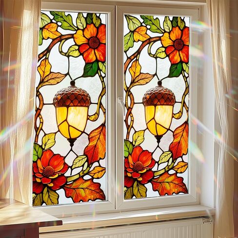 Stained Glass Window Film Decorative 18x39 Inch Acorn Lamp Fall Leaves Cling PVC Window Privacy Film Autumn Thanksgiving Panel for Home Glass Decor Indoor Seasonal Display in Saudi Arabia