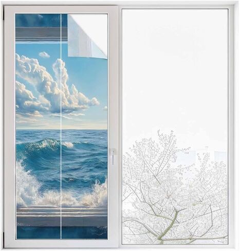 Window Privacy Film, Coastal UV Sun Blocking Window Tint Film Heat Control One Way Blackout Window Film, Window Nautical Beach Blue Seaside Non Adhesive Static Cling Window Sticker 23.6x59 in in Saudi Arabia