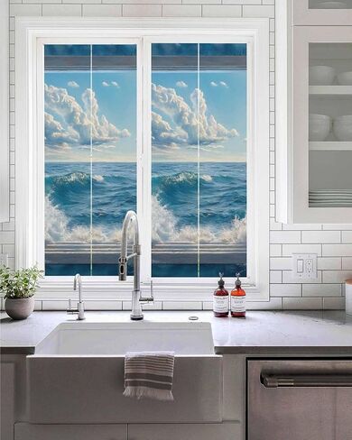 Window Privacy Film, Coastal UV Sun Blocking Window Tint Film Heat Control One Way Blackout Window Film, Window Nautical Beach Blue Seaside Non Adhesive Static Cling Window Sticker 23.6x59 in in Saudi Arabia