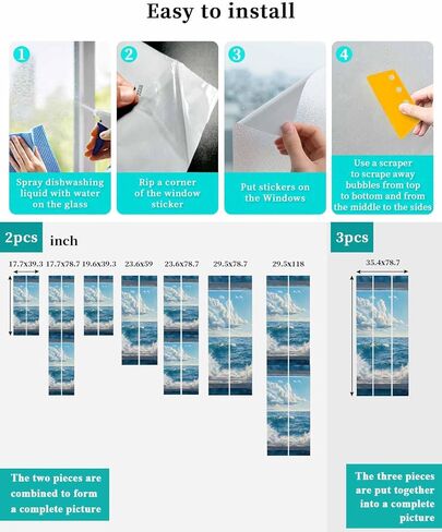 Window Privacy Film, Coastal UV Sun Blocking Window Tint Film Heat Control One Way Blackout Window Film, Window Nautical Beach Blue Seaside Non Adhesive Static Cling Window Sticker 23.6x59 in in Saudi Arabia