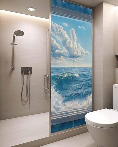 Window Privacy Film, Coastal UV Sun Blocking Window Tint Film Heat Control One Way Blackout Window Film, Window Nautical Beach Blue Seaside Non Adhesive Static Cling Window Sticker 23.6x59 in in Saudi Arabia