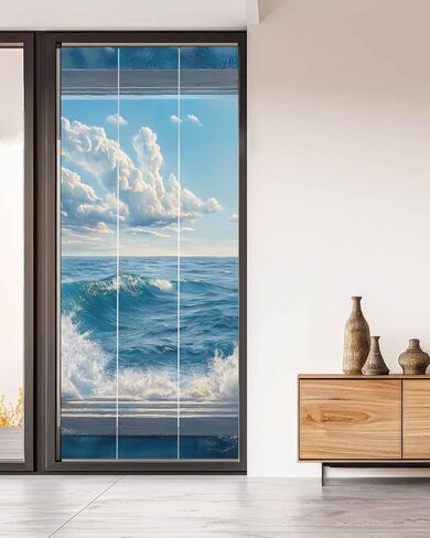 Window Privacy Film, Coastal UV Sun Blocking Window Tint Film Heat Control One Way Blackout Window Film, Window Nautical Beach Blue Seaside Non Adhesive Static Cling Window Sticker 23.6x59 in in Saudi Arabia