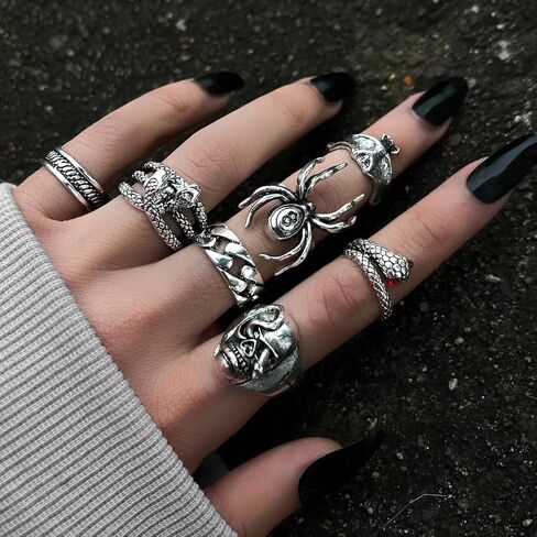 24 Pcs Vintage Silver Knuckle Rings for Women Punk Cool Gothic Skull Snake Spider Chunky Ring Set Knuckle Stackable Finger Ring Pack in Kuwait