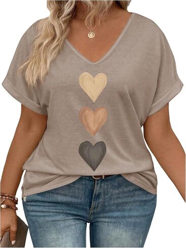 تي شيرت نسائي SOLY HUX مقاس كبير وأكمام قصيرة ورقبة على شكل حرف V ورسومات قلب صيفية in Kuwait