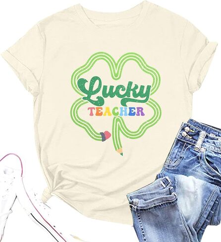 Lucky Teacher Shirts Women St. Patrick's Day Shirts Lucky Irish Shamrock Shirt Vintage Casual Short Sleeve Tops in Saudi Arabia