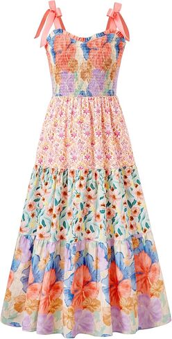 فستان طويل للفتيات من Sunny Spirit فستان توين للفتيات للصيف والربيع وعيد الفصح مُزين بنقشة الزهور بوهو مُزين بقطع القماش وربطة العنق فستان الشمس بعمر 5-14 سنة in Kuwait