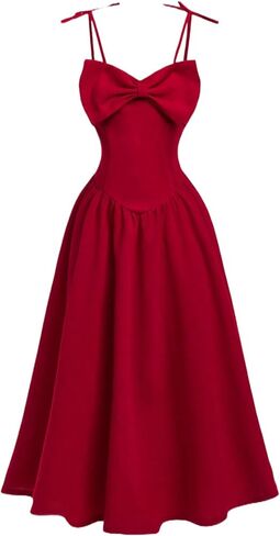 Girl Bow Knot Shoulder Dress Red Sleeveless Cami Dress A Line Dresses Flared Short Dress for 8-12 Y in Kuwait