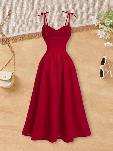 Girl Bow Knot Shoulder Dress Red Sleeveless Cami Dress A Line Dresses Flared Short Dress for 8-12 Y in Kuwait