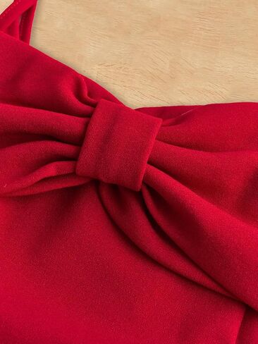 Girl Bow Knot Shoulder Dress Red Sleeveless Cami Dress A Line Dresses Flared Short Dress for 8-12 Y in Kuwait