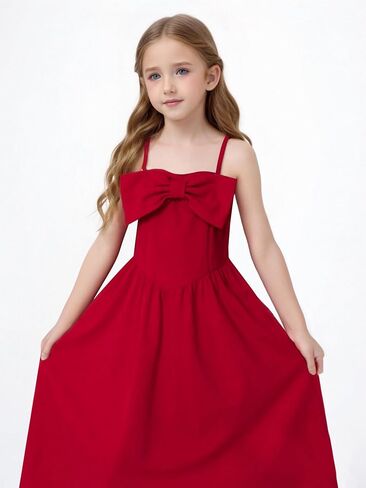 Girl Bow Knot Shoulder Dress Red Sleeveless Cami Dress A Line Dresses Flared Short Dress for 8-12 Y in Kuwait