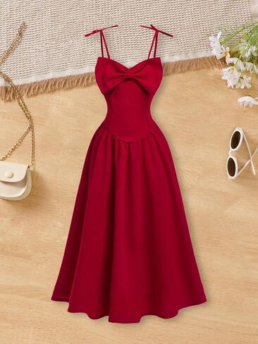 Girl Bow Knot Shoulder Dress Red Sleeveless Cami Dress A Line Dresses Flared Short Dress for 8-12 Y in Kuwait