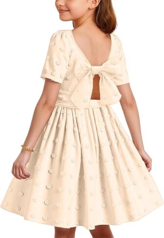 Girls Dresses Tie Back Swiss Dot Short Sleeve Square Neck Casual Spring Summer Teens Princess Midi Dress 7-14 Years in Saudi Arabia