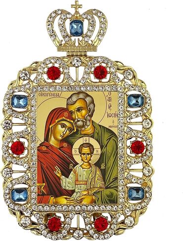 أيقونة احتضان العائلة المقدسة البيزنطية المذهبة من Needzo مع إطار تاج مرصع بالجواهر، 5 ¾ × 3 ¾ بوصة in Saudi Arabia