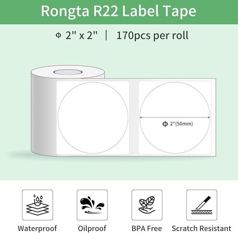 شريط ملصقات Rongta لـ R22، ملصقات/لفة، شريط ملصقات حراري مصفح قياسي، ملصق مقاوم للماء والزيت لملصقات الأعمال الصغيرة والمكاتب المنزلية، أبيض (دائري Φ 2 بوصة (170 ملصقًا/لفة)) in Kuwait